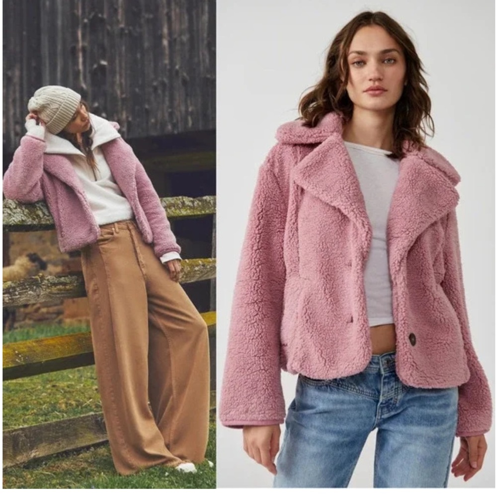 Free People Joplin Cozy Faux Fur Jacket in Smoked Pink Size S.